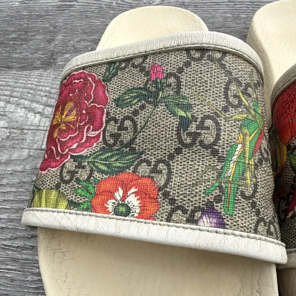 Gucci Women’s GG Blooms Floral Logo Slide Sandals Beige Multicolor US 7.5/8 COA